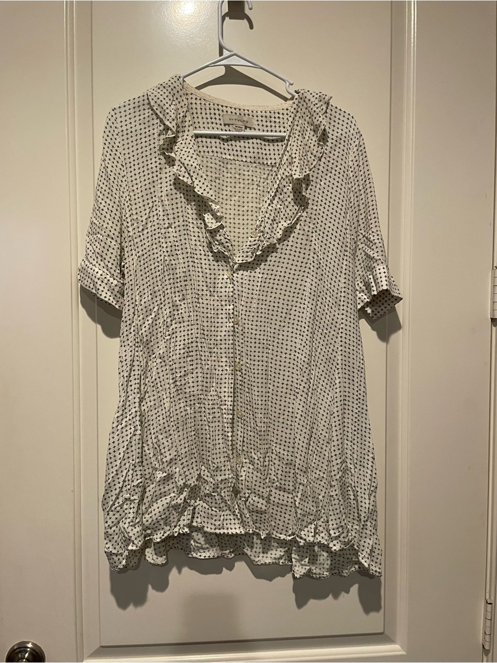Ruffle V-Neck Tunic Top in Cream with Black Dot Print